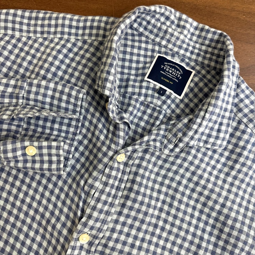 Charles Tyrwhitt 100% Linen Shirt Blue Check Classic Fit Button Up Mens L EUC